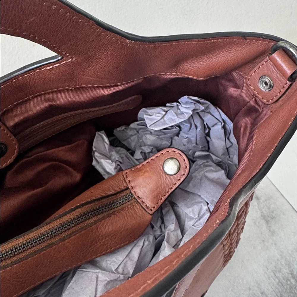 Made in India Woven Brown Leather Med Handbag Crossbody Metal Studs Unique